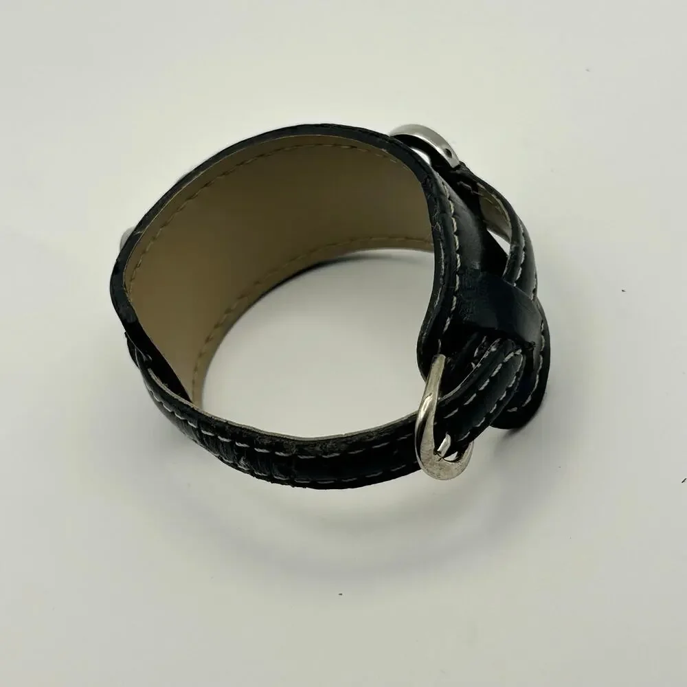 NY Collection Silver Black Leather Band Quartz Watch Working New Battery
